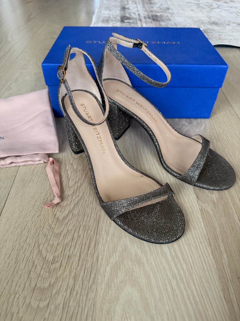 Stuart Weitzman Glitter Ankle-Strap Block Heel Sandals in Gunmetal Sparkle